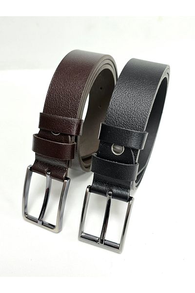 Kemerix 100% Genuine Leather 3.5 cm Black-Hot Brown 2-Piece Belt Set