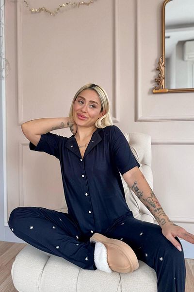 Pijamaevi Set de pijamale cu mânecă scurtă, cu nasturi în față, din bambus, albastru bleumarin