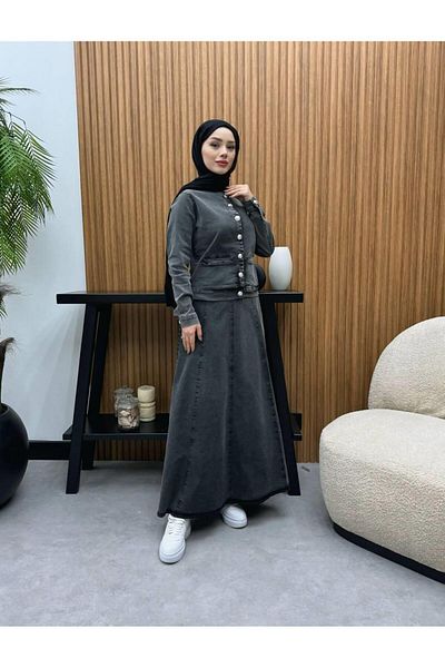 Cardella Jean Set - Silver Button Detail Skirt and Jacket