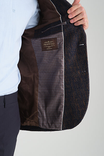 Frappoli Boris Erkek Lacivert-Kahve Desenli Mono Yaka Kalin Slim Fit Dar Kesim Blazer Ceket