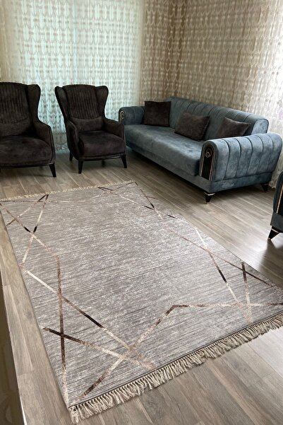 CENTER AVM Gri Halı Salon Halısı Makinede Yıkanabilir Halı Kaymaz Taban Halı