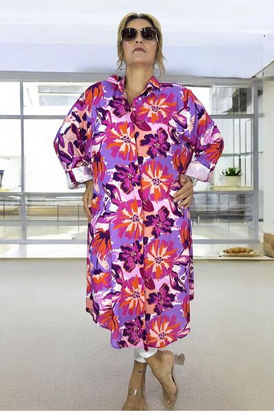 yagmurberen Plus Size Floral Print Long Foldable Sleeve Tunic Dress - Buttoned Front