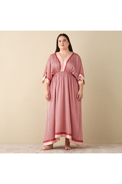 FAV All-Over Print Satin Kaftan Night Gown with V-neck