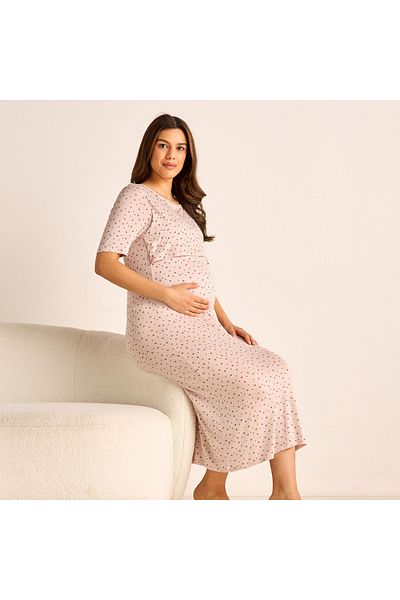 FAV Printed Maternity Night Dress with Round Neck and Short Sleeves