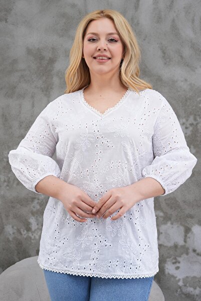 Siyezen Plus Size Scallop Detailed Balloon Sleeve Blouse