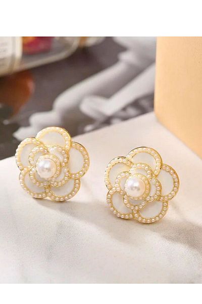 PETEK AKSESUAR Layered Single Pearl Flower Earrings