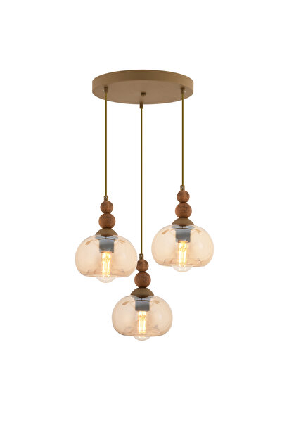 Apliqa Vinta 3'lü Yuvarlak Eskitme Ahşap Detaylı Bohem Salon Sarkıt Avize