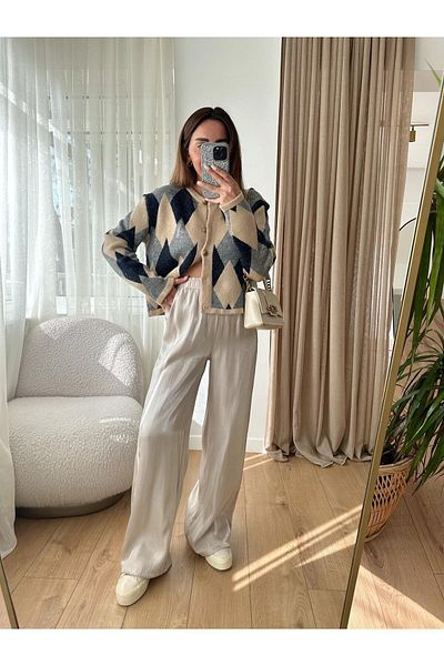 solena sln Women's Elastic Waist Shiny Satin Trousers