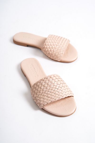 Mubiano 655-pd Papuci plat pentru femei, din piele naturală, cu aspect de paie