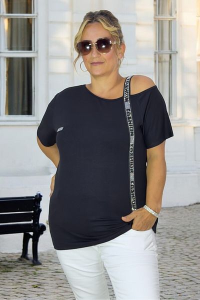 yagmurberen One Shoulder Rhinestone Detail Short Sleeve Plus Size Crew Neck Blouse T-Shirt