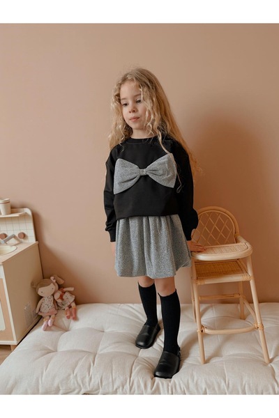 patriko tekstil Ribbon Detail Silvery Girl's Balloon Skirt Bottom Top Set