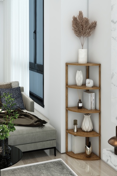 Jest Dekor Konsept Zümrüt Atlantik Çam 5 Katlı Üçgen Ahşap Çok Amaçlı Sehpa / Saksılık-Çiçeklik / Dekoratif Raf