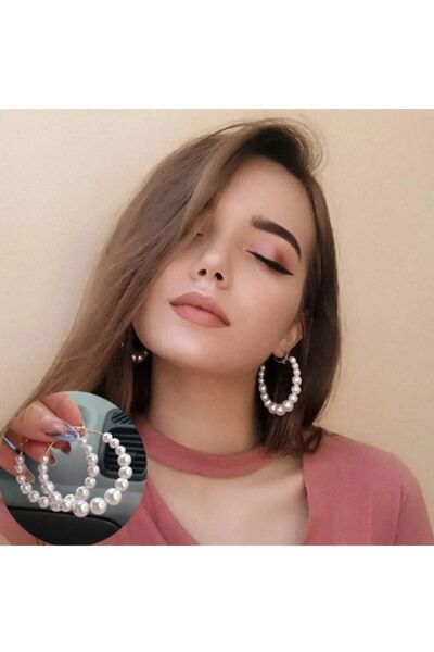 mos&more 5cm Büyük Beyaz Incili Halka Küpe