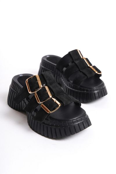 Mubiano Collection Γυναικείες παντόφλες Black Suede Platform - Mcrgn6151-s