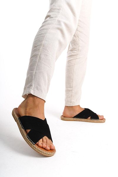 Mubiano Papuci espadrille negri pentru bărbați - piele naturală, piele de căprioară, curea încrucișată, talpă din iută - mssr5959-s