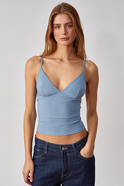 ETHIQUET LILLEAN Kadın Kruvaze Yaka Slim İnce Tül Mavi Bluz