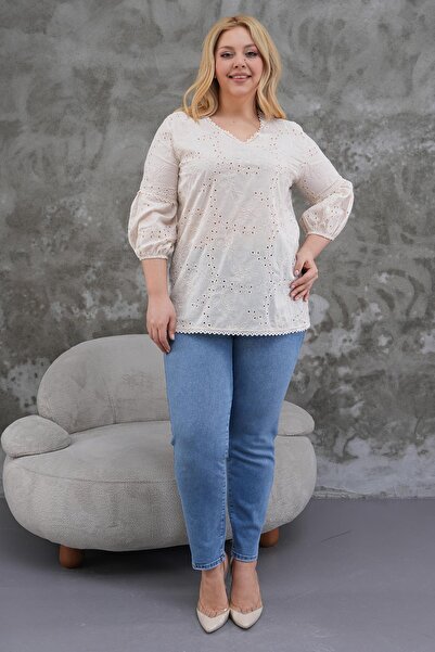 Siyezen Plus Size Scallop Detailed Balloon Sleeve Blouse