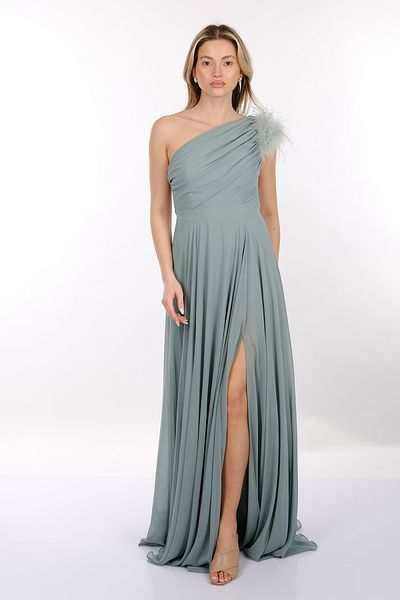 DORİ Doridorca One Shoulder Draped Feather Λεπτομερές σιφόν γυναικείο βραδινό φόρεμα 2246046