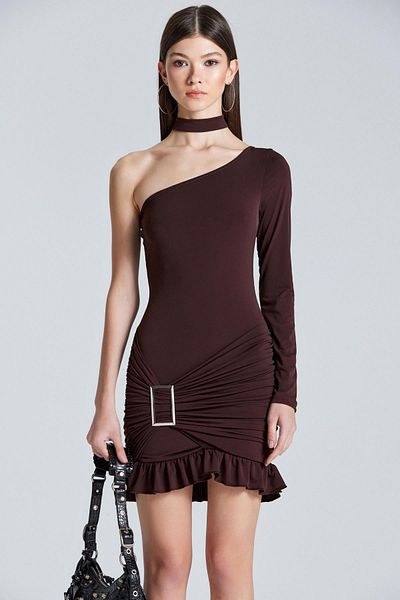 World Fashion Trends 2440 Φούστα Ζώνη Λεπτομερές βολάν Καφέ Φόρεμα με ένα μανίκι