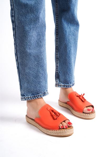 Mubiano 605-orj Genuine Leather Tasseled Orange Women's Espadrille Slippers