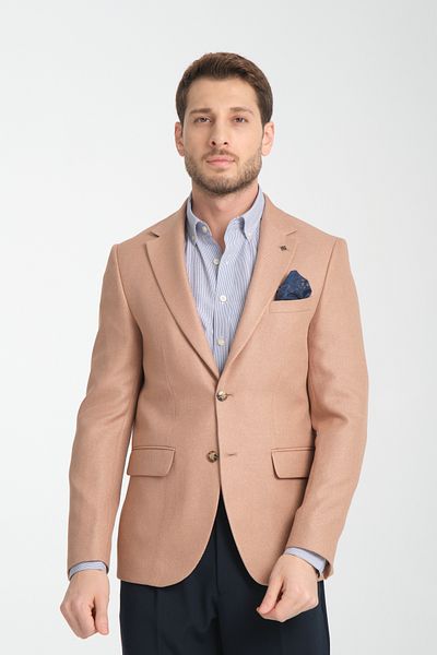 Frappoli Fevuall Ανδρικό Μπεζ Διαγώνιο Μοτίβο Battal Plus Size Μονόκλινο Πέτο Slim Fit Blazer Sports Jacket