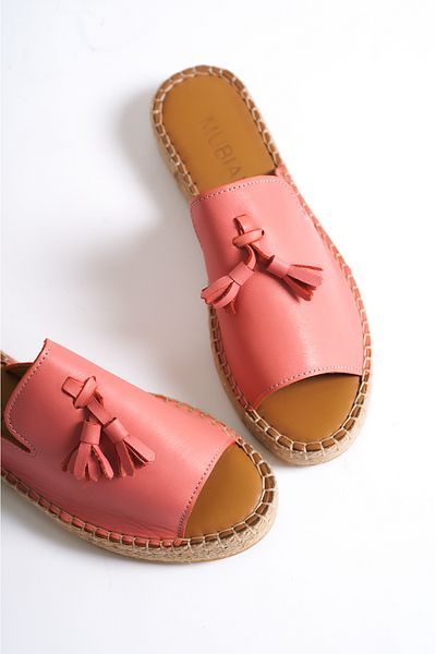 Mubiano 605-gk Genuine Leather Tasseled Dusty Rose Women's Espadrille Slippers