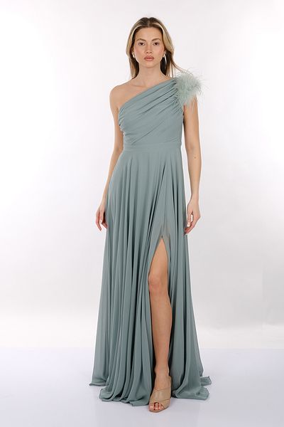 DORİ Doridorca One Shoulder Draped Feather Λεπτομερές σιφόν γυναικείο βραδινό φόρεμα 2246046