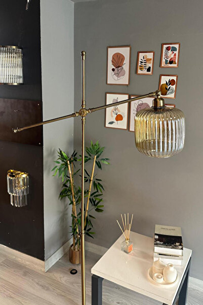 Bamyum Bal Rengi Cam Lambader Modern Dekoratif Metal Oturma Odası Çalışma Odası Zemin Lambası