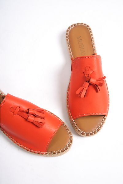 Mubiano 605-orj Genuine Leather Tasseled Orange Women's Espadrille Slippers