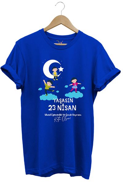 WİDİ 23 aprilie Ziua Copilului Tricou albastru premium, 100% bumbac, cu decolteu rotund, cu imprimeu
