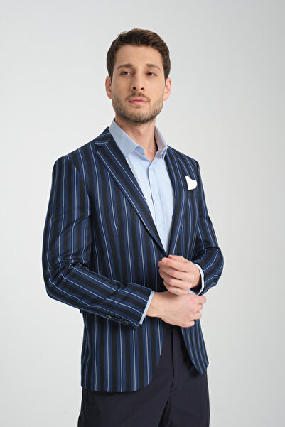 Frappoli Adora Ανδρικό Μπλε Μαύρο Ιταλικό Ριγέ Slim Fit Μονόκλινο Πέτο Stretching Fabric Blazer Jacket
