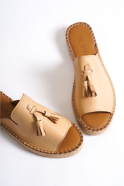 Mubiano Γυναικείες παντόφλες Espadrille 605-bj Γνήσιο Δερμάτινο Φούντες Μπεζ