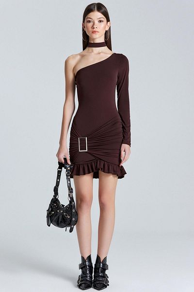 World Fashion Trends 2440 Φούστα Ζώνη Λεπτομερές βολάν Καφέ Φόρεμα με ένα μανίκι