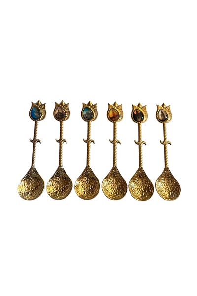 onyyapim Vintage 6-Piece Tulip Shape Gold Colored Pictorial Tea Coffee Jam Spice Presentation Spoon