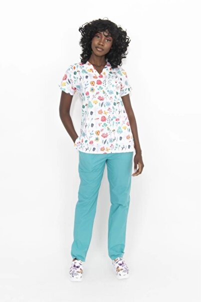 Moodamedikal Çiçek Desenli Likralı Kumaş Cerrahi Tek Üst V Yaka Forma