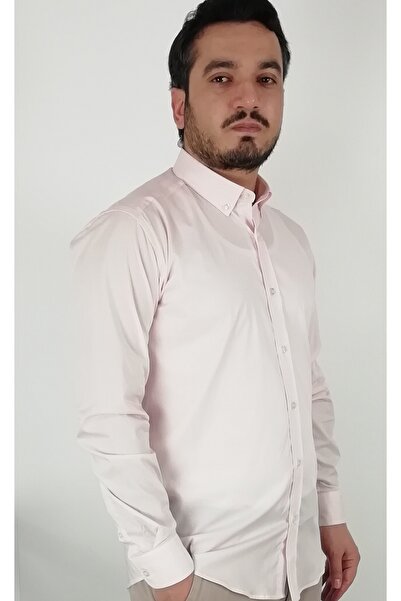 TOUSUS Рожево-біла чоловіча сорочка - довгий рукав, комір на ґудзиках, бавовна з еластаном Slm-5111-tss