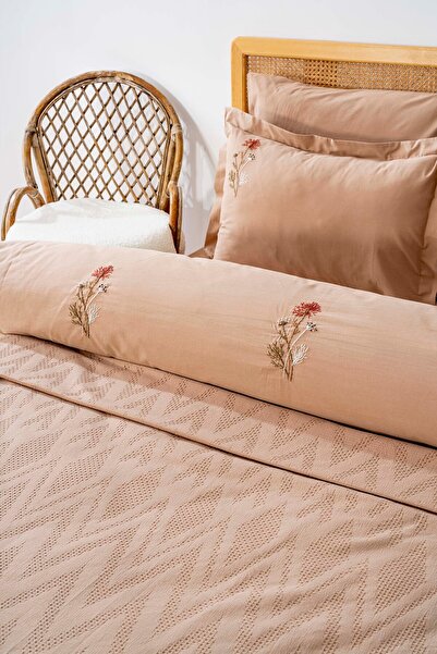 Rivaİstanbul Noris Camel Double 100% Cotton Embroidered Duvet Cover Pique Set - 7 Piece Dowry Set