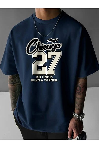 Buğraterzimoda Chicago Printed 3 Pack Unisex Navy Blue-Brown-Beige Oversize T-Shirt