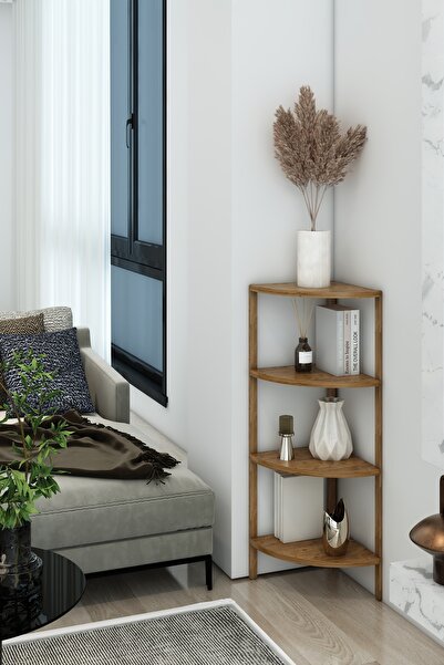 Jest Dekor Konsept Zümrüt Atlantik Çam 4 Katlı Üçgen Ahşap Çok Amaçlı Sehpa /...