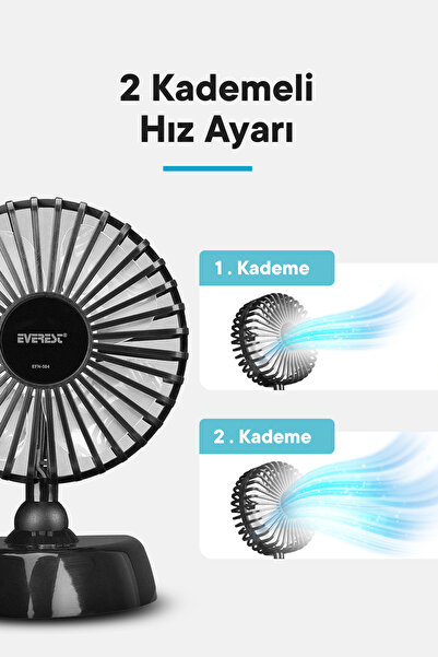 Everest Efn-504 360 Derece Dönüş Çift 2 Kademeli 3200rpm Taşınabilir Mini Masaüstü Siyah Usb Fan Vantilatör