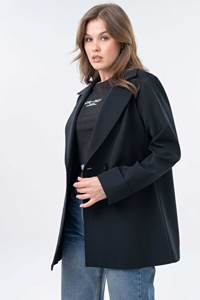 Saade Siyah Erkek Yaka Çift Düğme Kapama Astarsız Spor Ceket