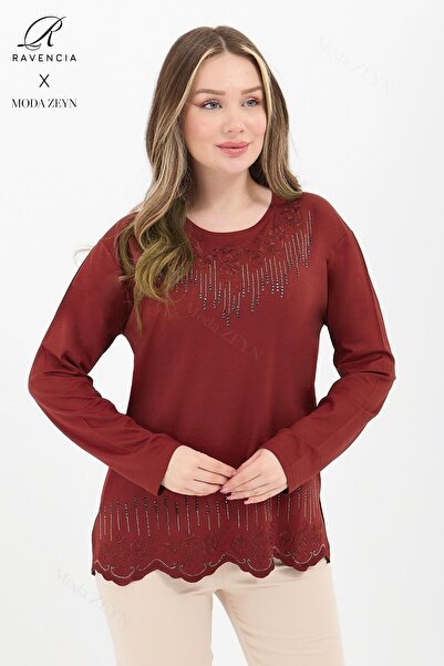 Ravencia بلوزة نسائية من القطن الممشط بنمط قطرة الفسكوز ومطرزة بحجر الليكرا للأم في منتصف العمر وما فوق