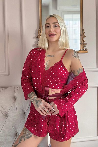 Pijamaevi Set de pijamale de damă cu model de puncte roșii, pantaloni scurți din bambus