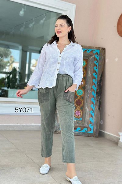 İnce Topuk Linen Trousers with Mesh Pockets 5Y071