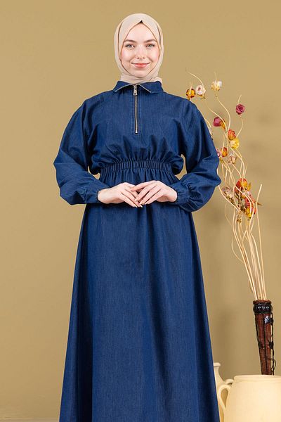 Modamihram Rochie din denim cu fermoar și talie elastică, albastru închis 19240