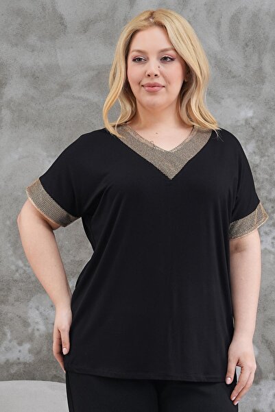 Siyezen Large Size V-Neck Collar Sleeves Glitter Blouse