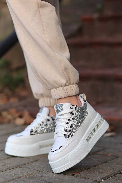 LEYDİ SHOES FRM-018 Yüksek Tabanlı Bağcıklı Gümüş Desenli Spor Ayakkabı