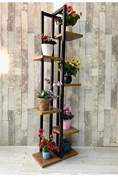 adımshops Siyah Metal Çerçeveli, Ahşap Raflı 6 Bölmeli Çiçeklik