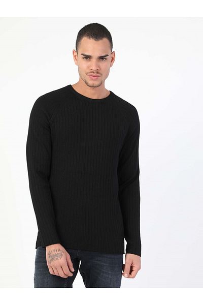 Colin's Pulover negru pentru bărbați, slim fit, cu gât rotund