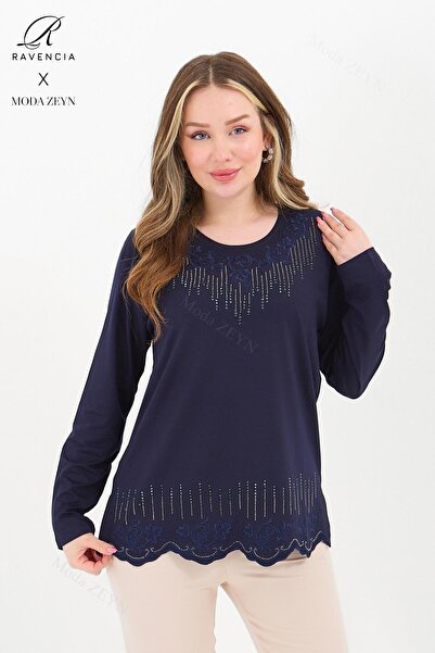 Ravencia بلوزة نسائية من القطن الممشط من الليكرا والمطرزة بالحجر في منتصف الع...